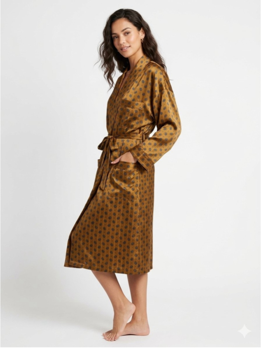Women's Vintage Magia Intimo Moda Gold Paisley Silk-Feel Robe Made in Italy 851